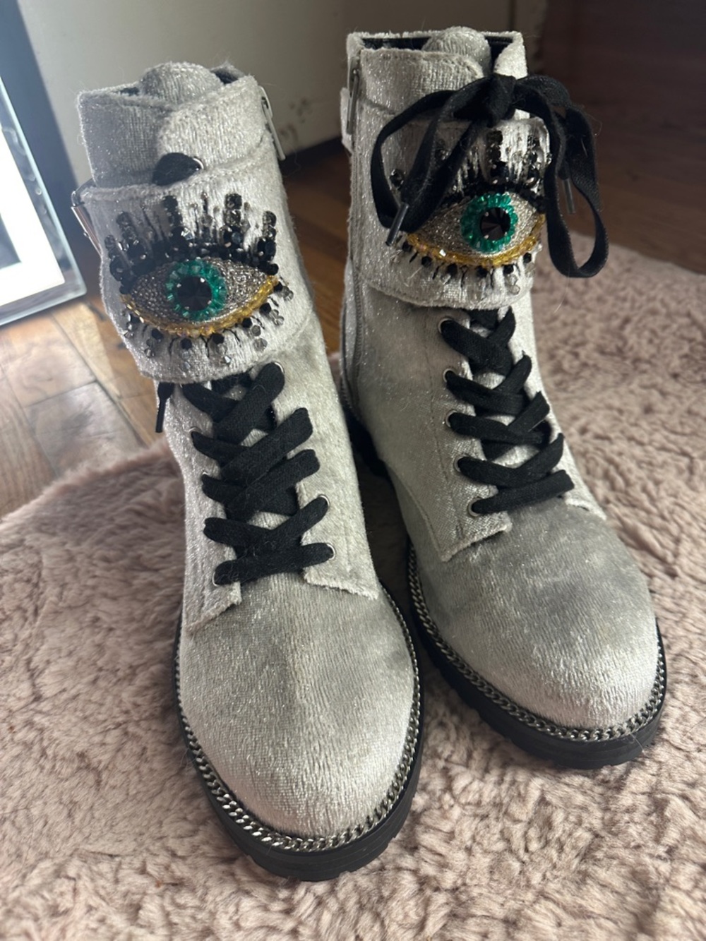 KURT GEIGER  Velvet Lace-Up Ankle Boots with Green Bead Eye Detail